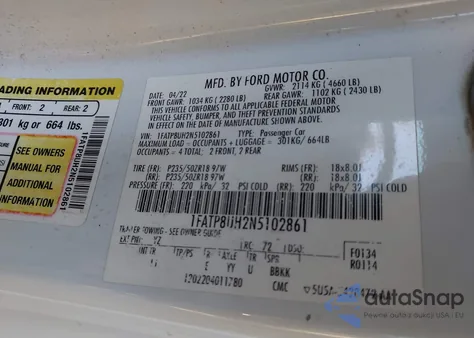 2022 Ford Mustang Ecoboost Premium z USA, uszkodzony, nr VIN 1FATP8UH2N5102861